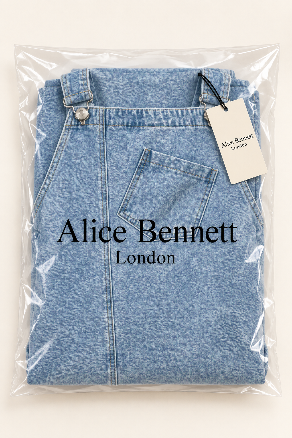 Susan light-wash denim pinafore maxi dress in Alice Bennett London packaging