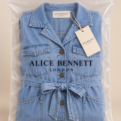 Susan denim dress in Alice Bennett London packaging