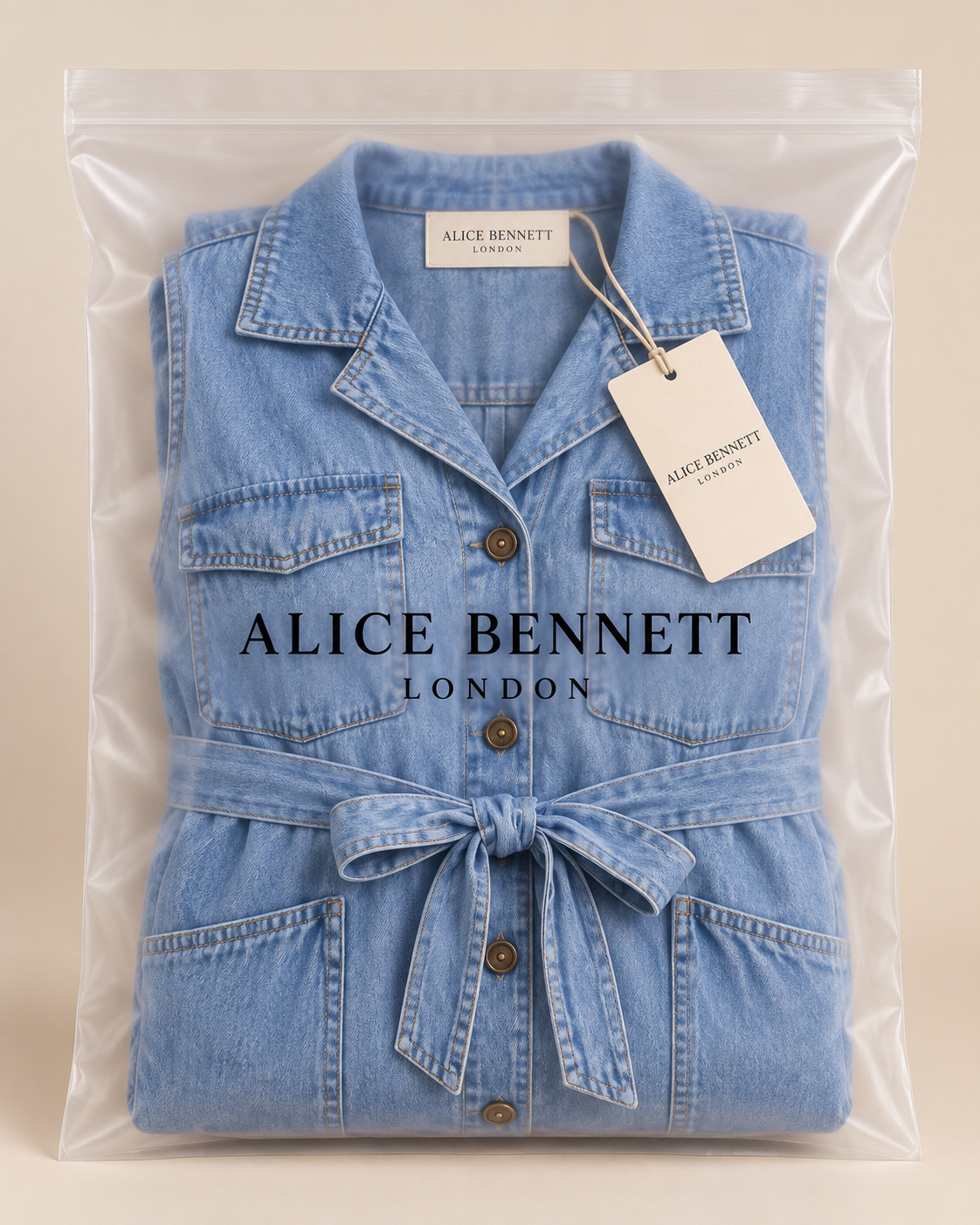 Susan denim dress in Alice Bennett London packaging