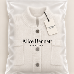 Cream Sybilla cardigan inside an Alice Bennett London polybag