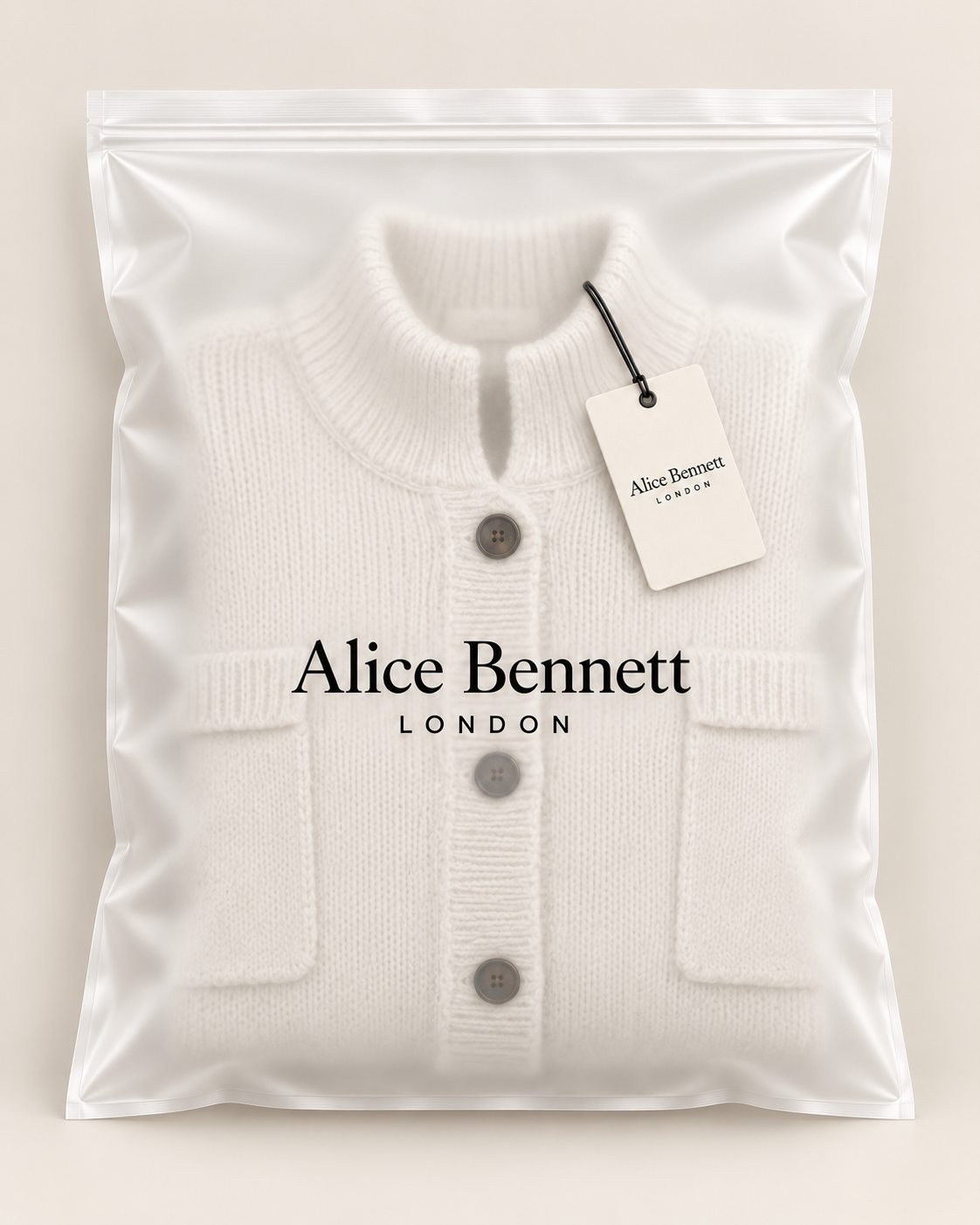 Cream Sybilla cardigan inside an Alice Bennett London polybag