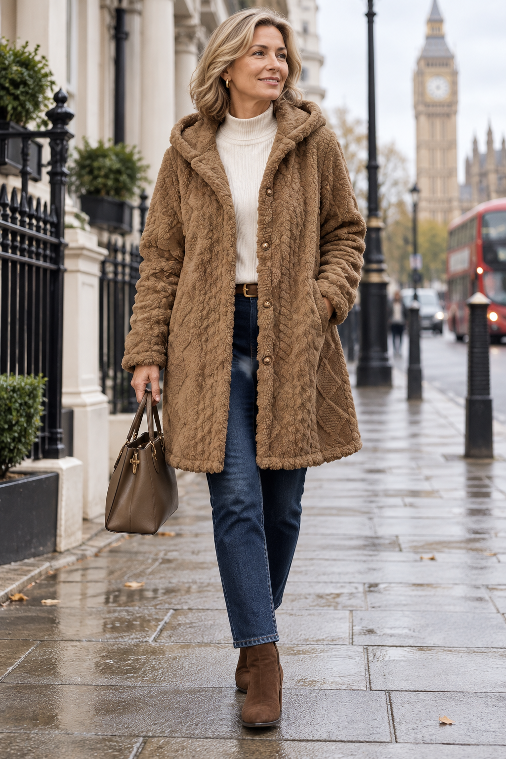 Woman aged 50 to 55 wearing the Textured Teddy Sherpa Hooded Jacket while walking in London