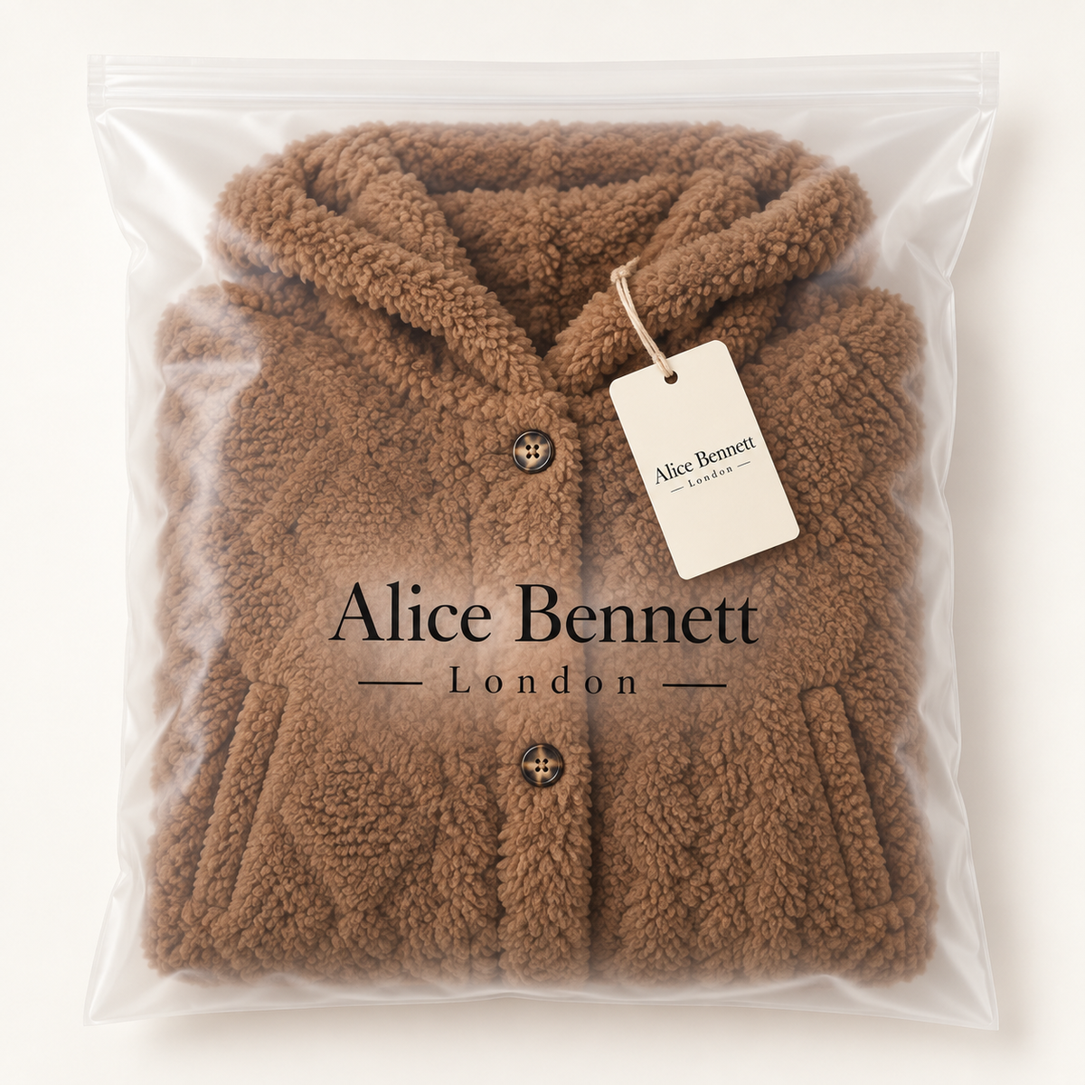 Textured Teddy Sherpa Hooded Jacket folded in Alice Bennett London polybag