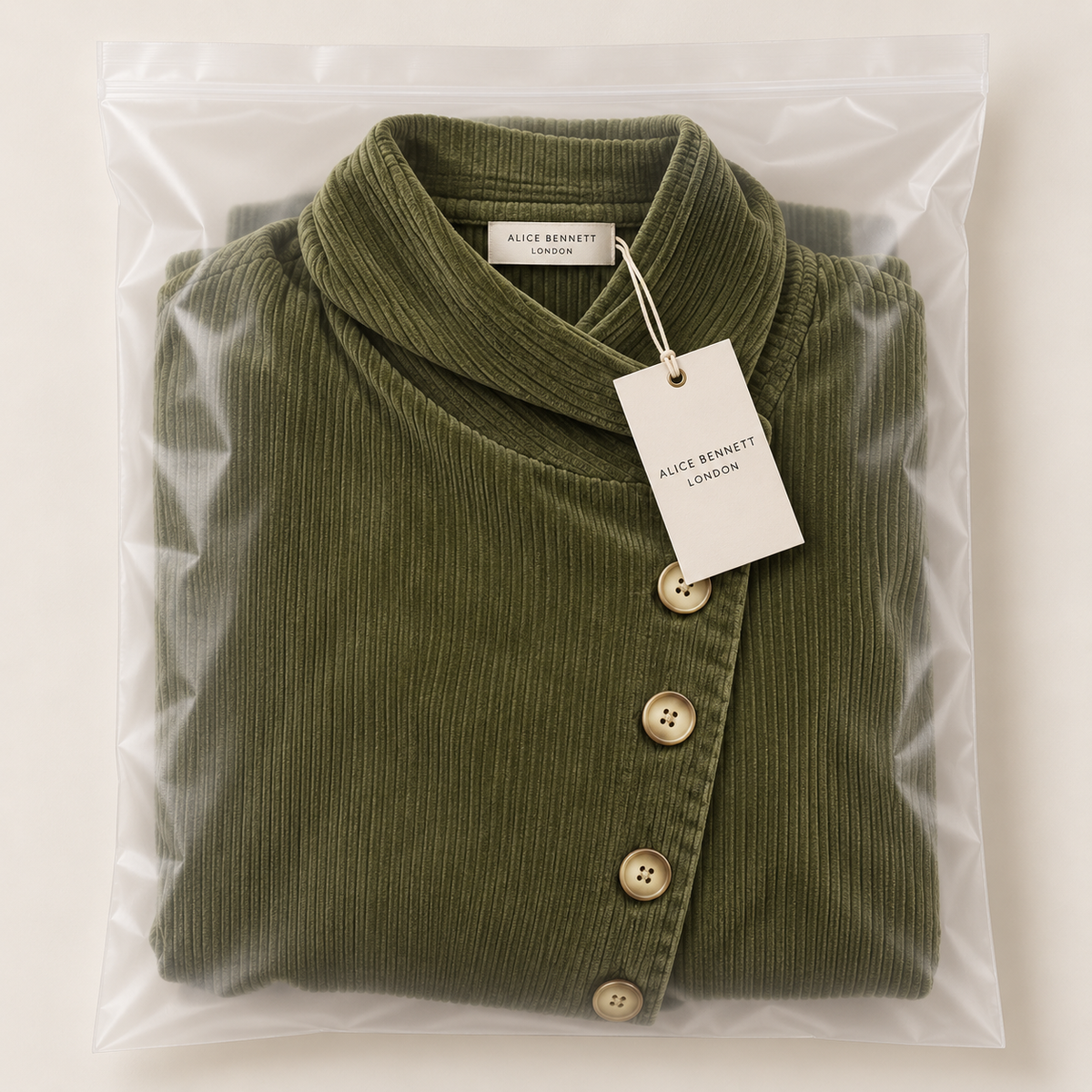 Alice Bennett London branded packaging containing the Tina asymmetric corduroy top in Olive