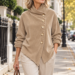 Tina asymmetric corduroy top in Beige worn by a mature woman in London