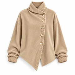 Tina asymmetric corduroy top in Beige on a white background