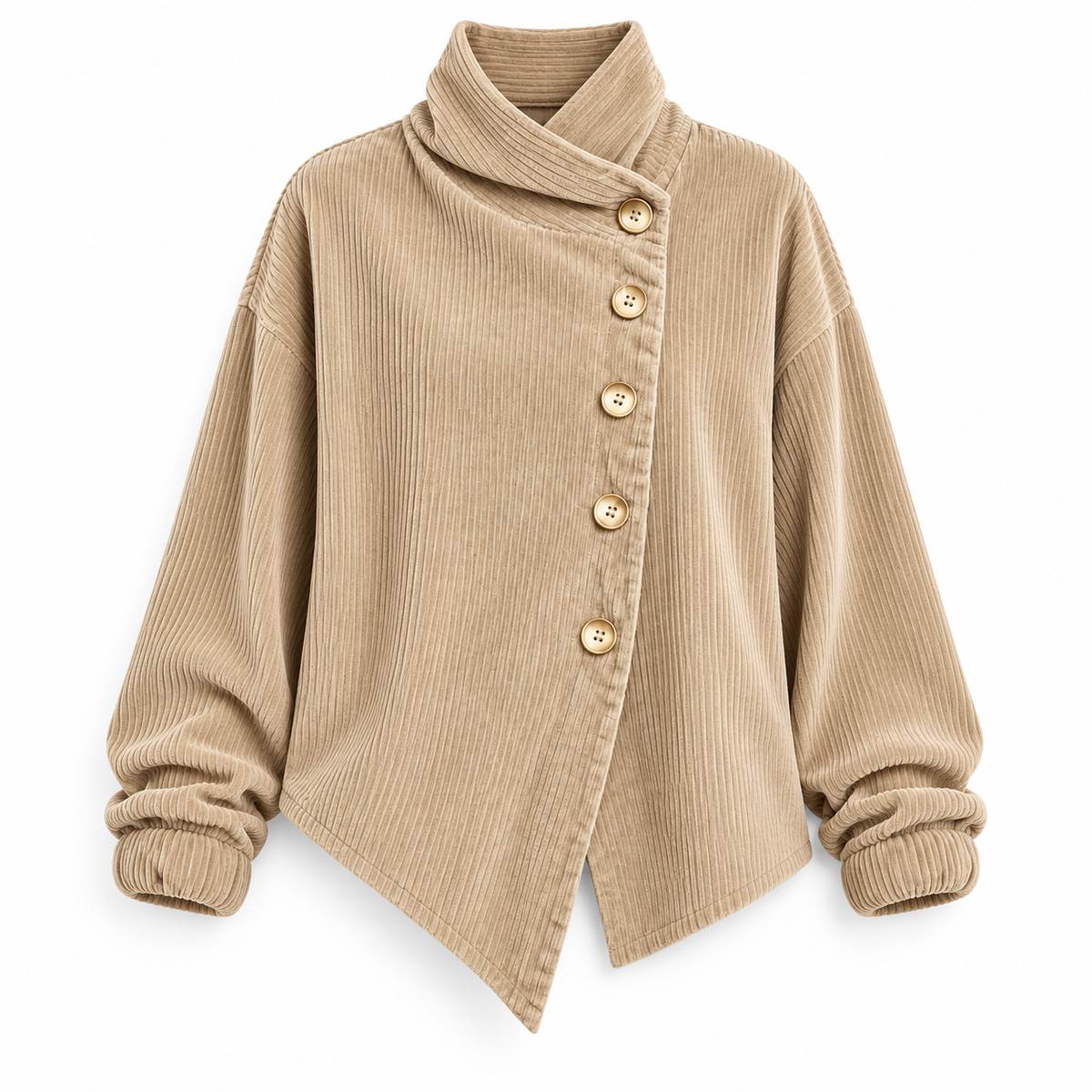 Tina asymmetric corduroy top in Beige on a white background