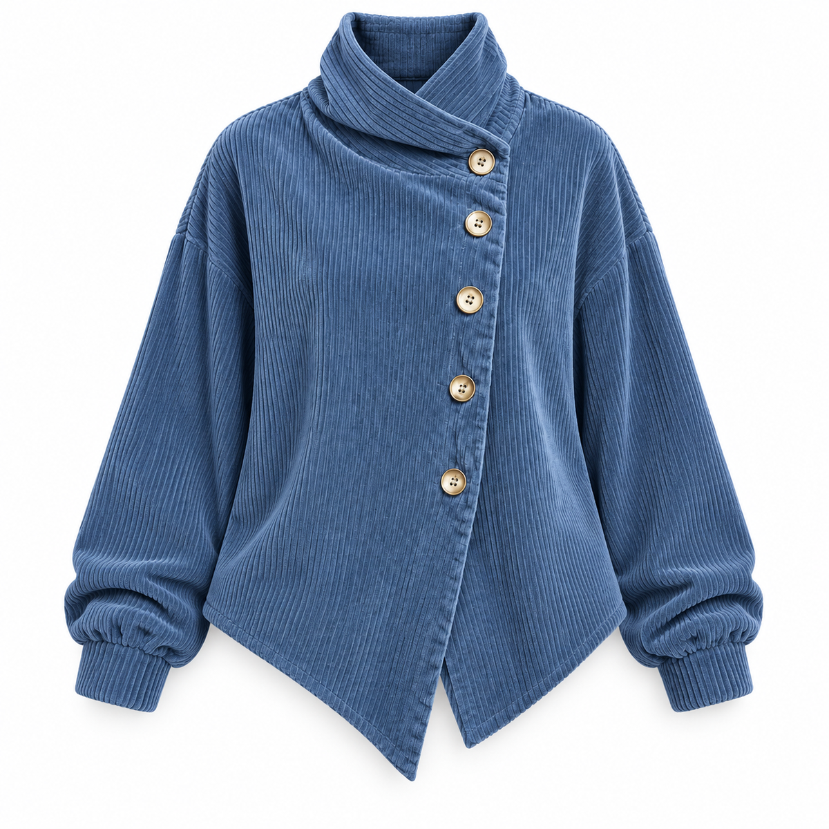 Tina asymmetric corduroy top in Blue on a white background