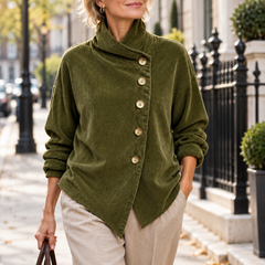 Tina asymmetric corduroy top in Olive worn by a mature woman in London