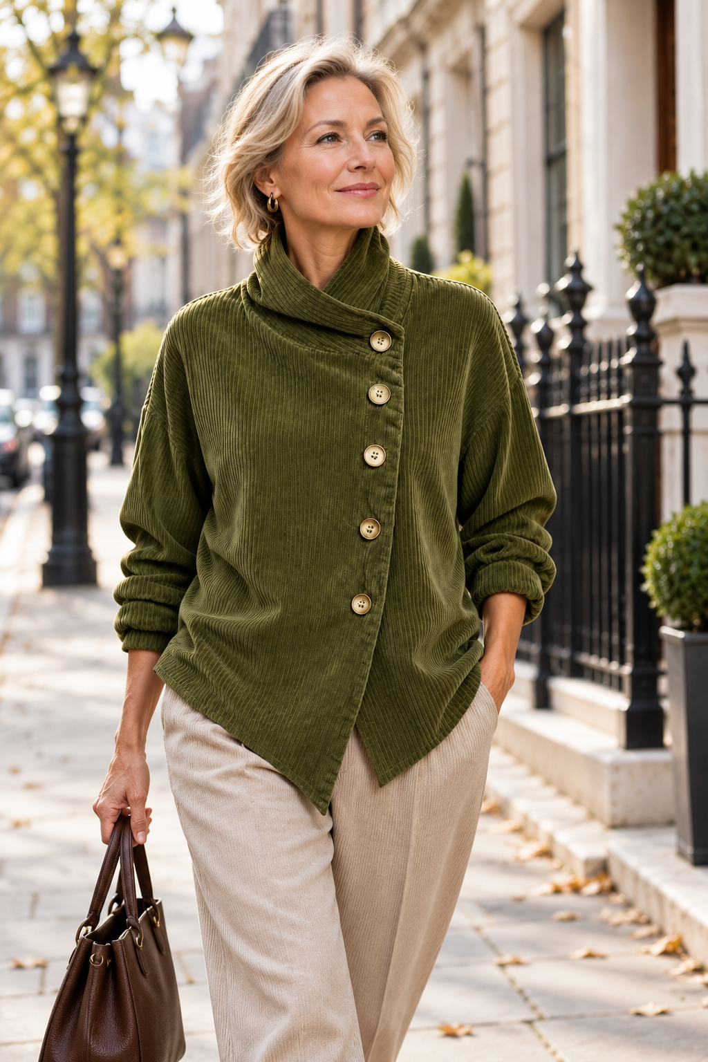 Tina asymmetric corduroy top in Olive worn by a mature woman in London
