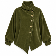 Tina asymmetric corduroy top in Olive on a white background