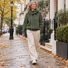 Valerisse soft-touch hooded sweatshirt worn by a mature woman on a London street
