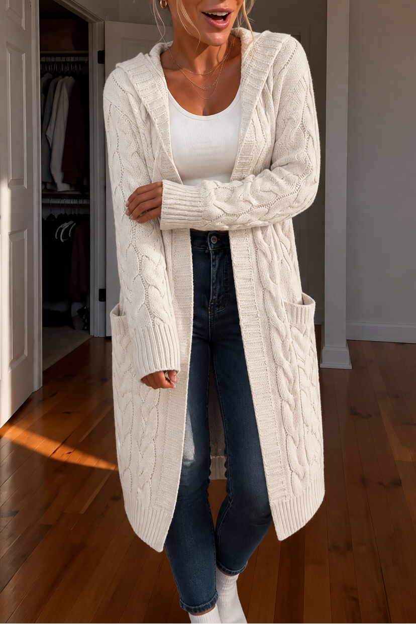 Wearbella | Hooded Chunky Cable-Knit Cardigan