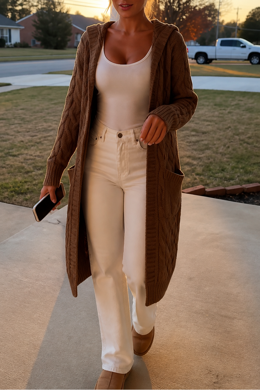 Wearbella | Hooded Chunky Cable-Knit Cardigan