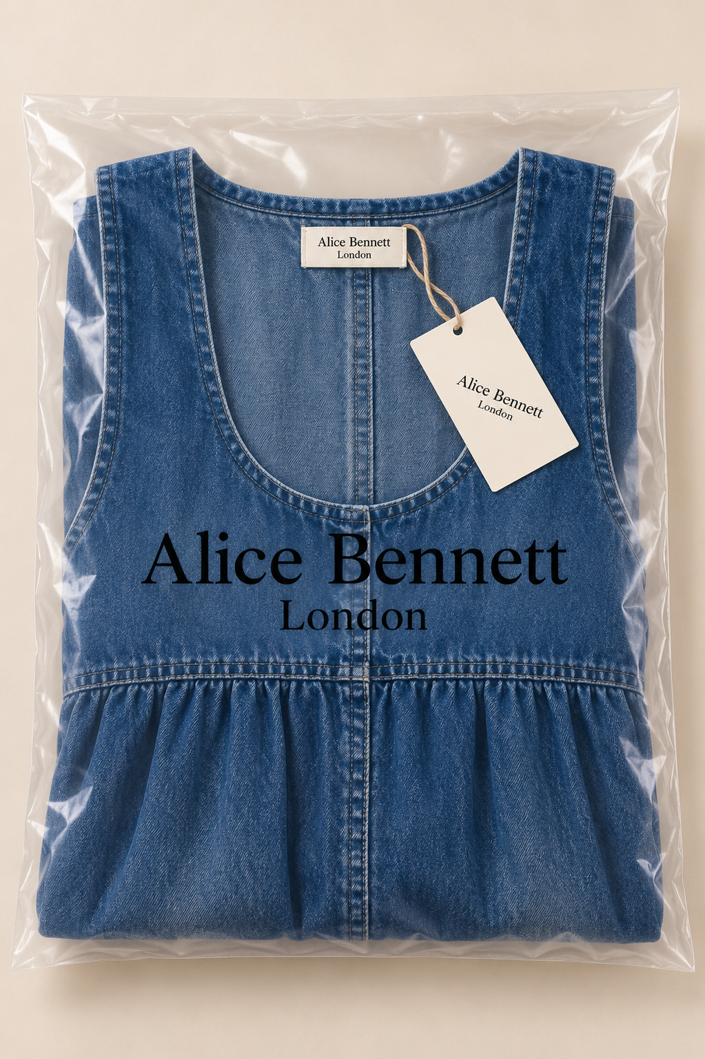 Veronica blue denim pinafore dress folded in Alice Bennett London branded packaging