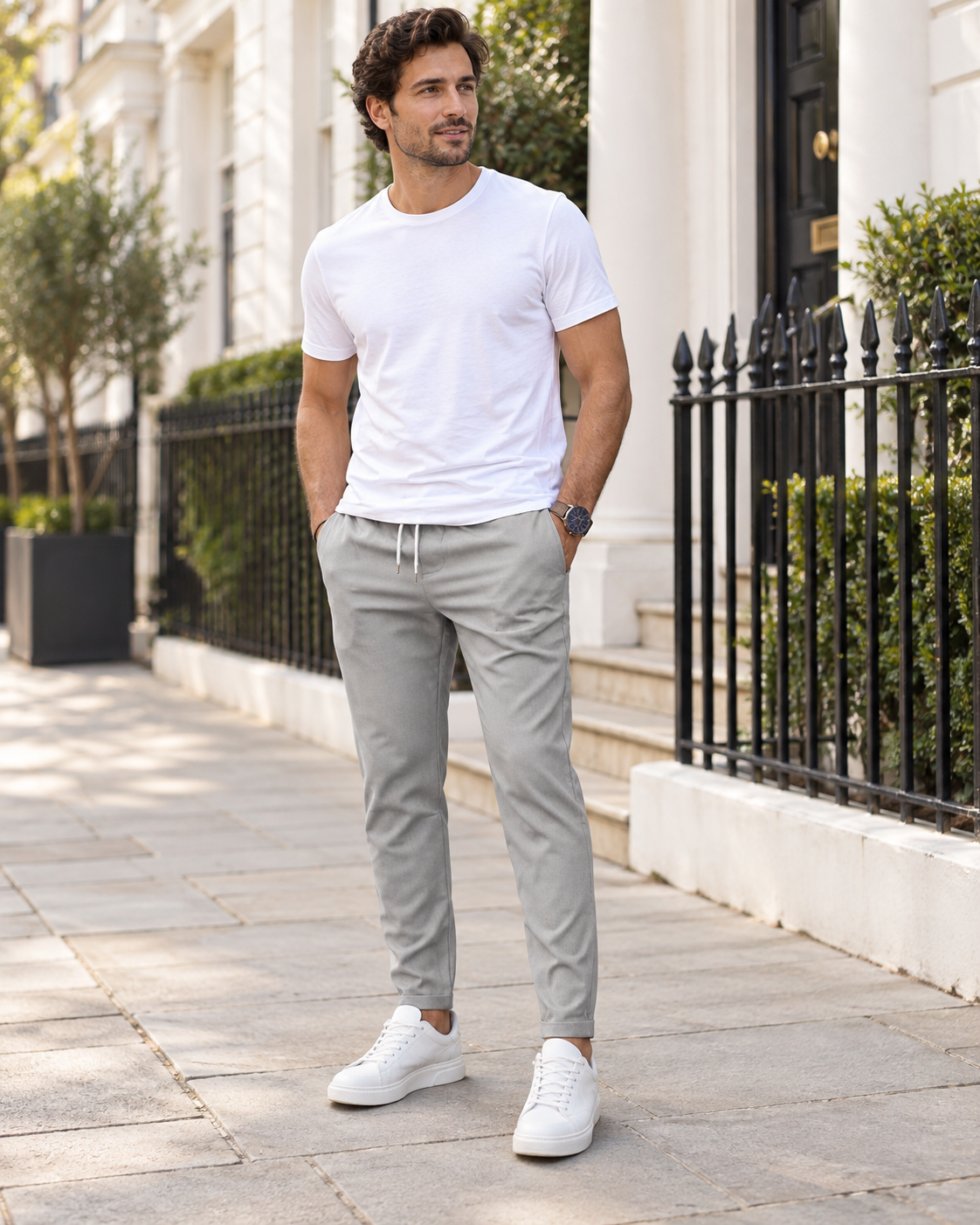 Victor tapered trousers worn by a male model in London