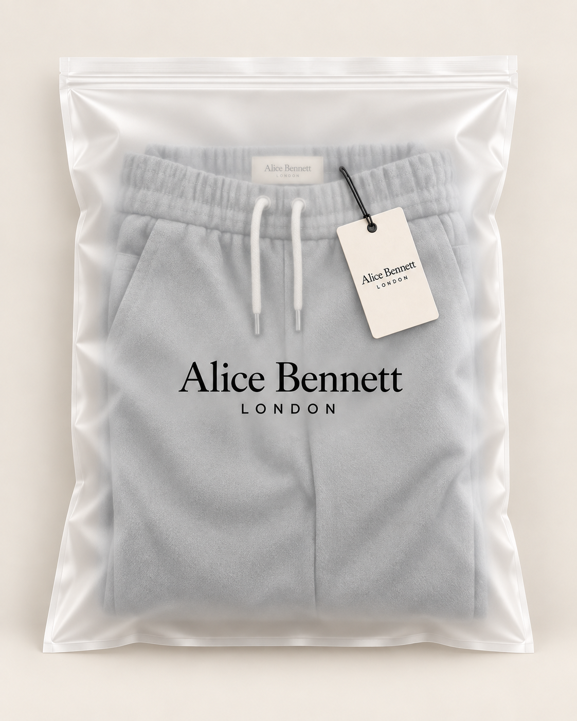 Victor tapered trousers in Alice Bennett London packaging