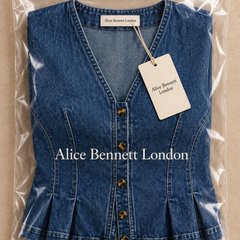 Viera denim peplum top in Alice Bennett London branded packaging