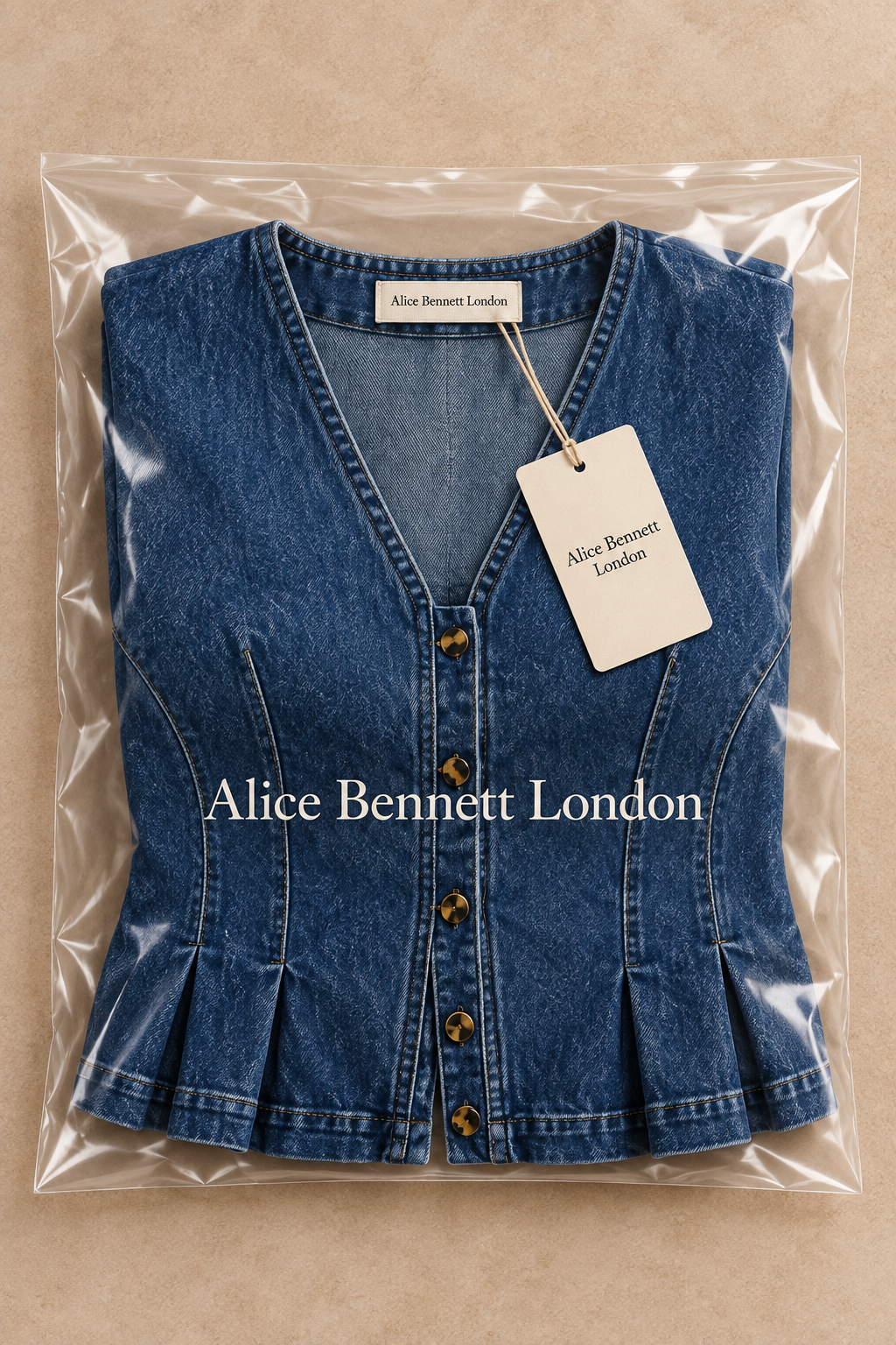 Viera denim peplum top in Alice Bennett London branded packaging