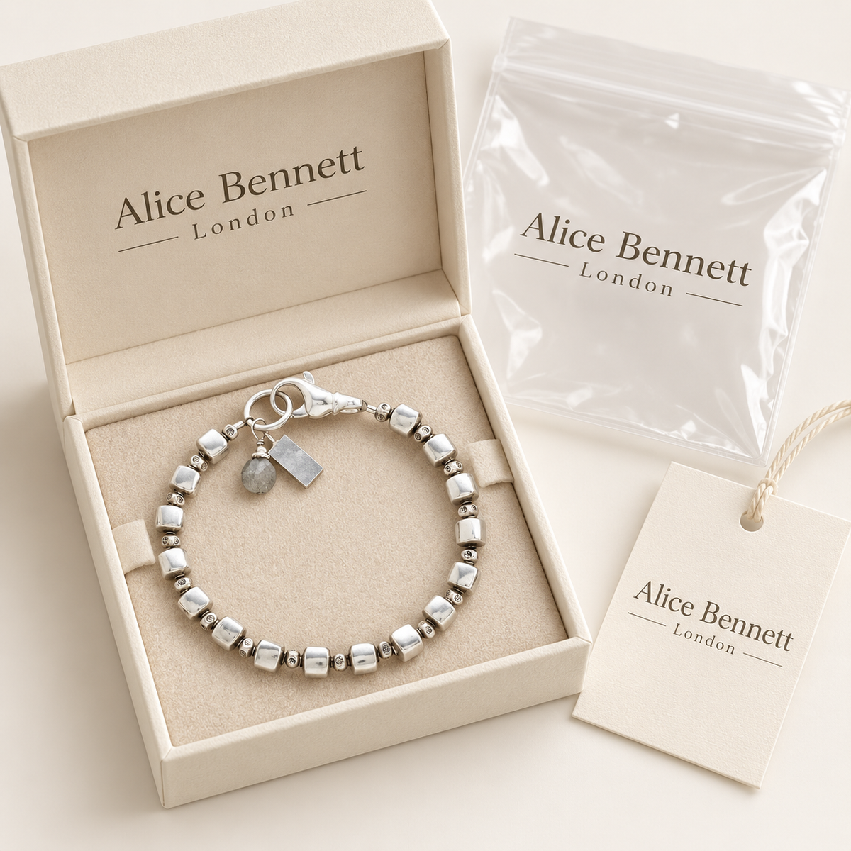 Vintage Silver Cubic Beads Bracelet in Alice Bennett London packaging