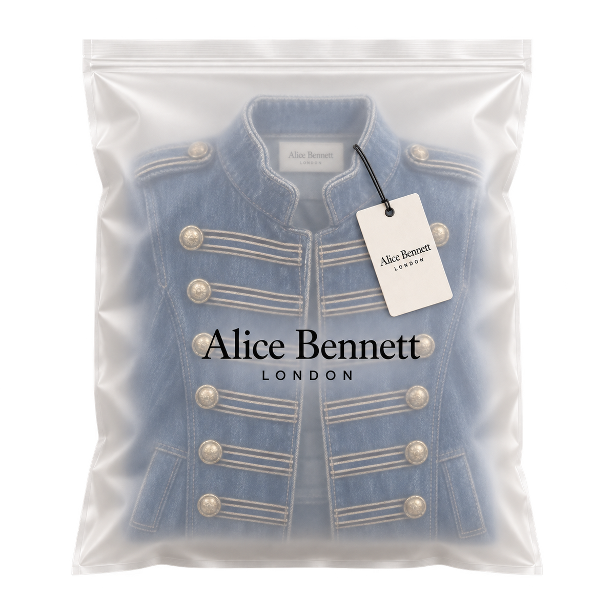 Vintage Washed Denim Military Coat in Alice Bennett London packaging