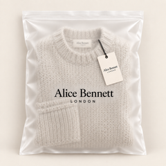 Vivian white oversized chunky knit sweater in an Alice Bennett London polybag