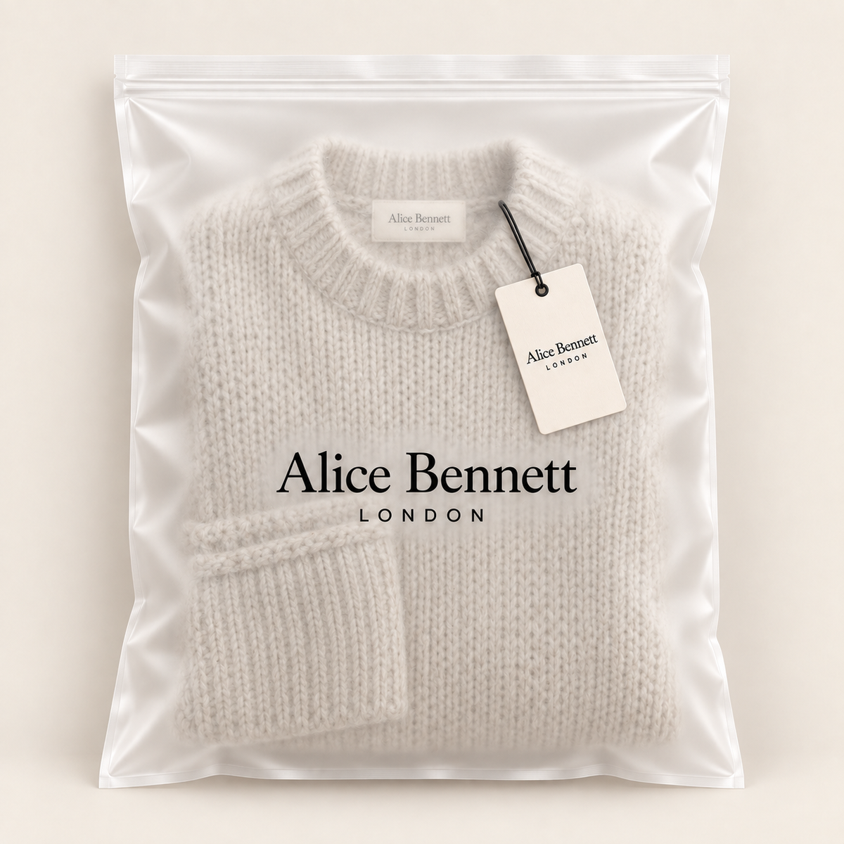 Vivian white oversized chunky knit sweater in an Alice Bennett London polybag