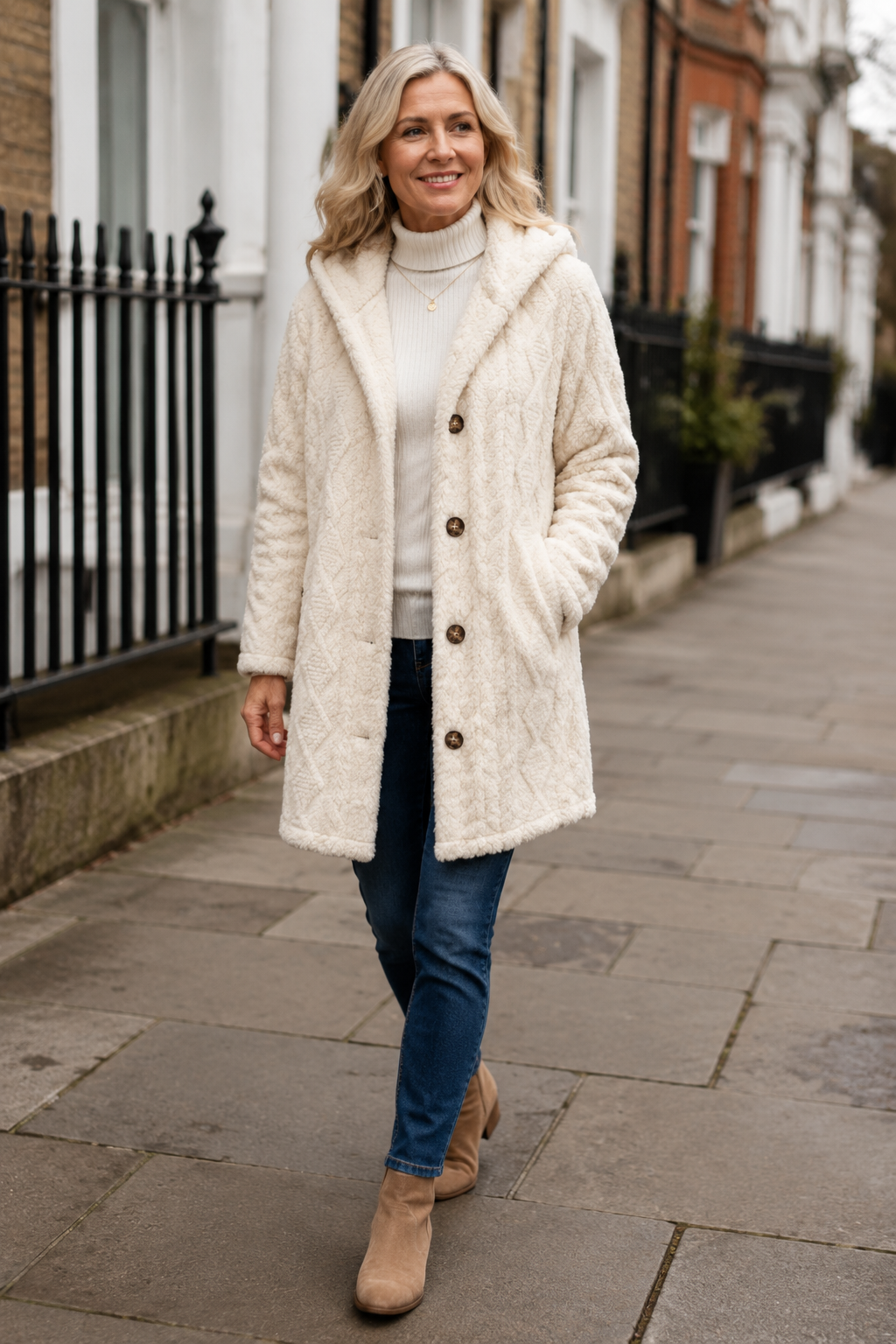 Wearbella cable-knit hooded longline coat worn by a woman in London