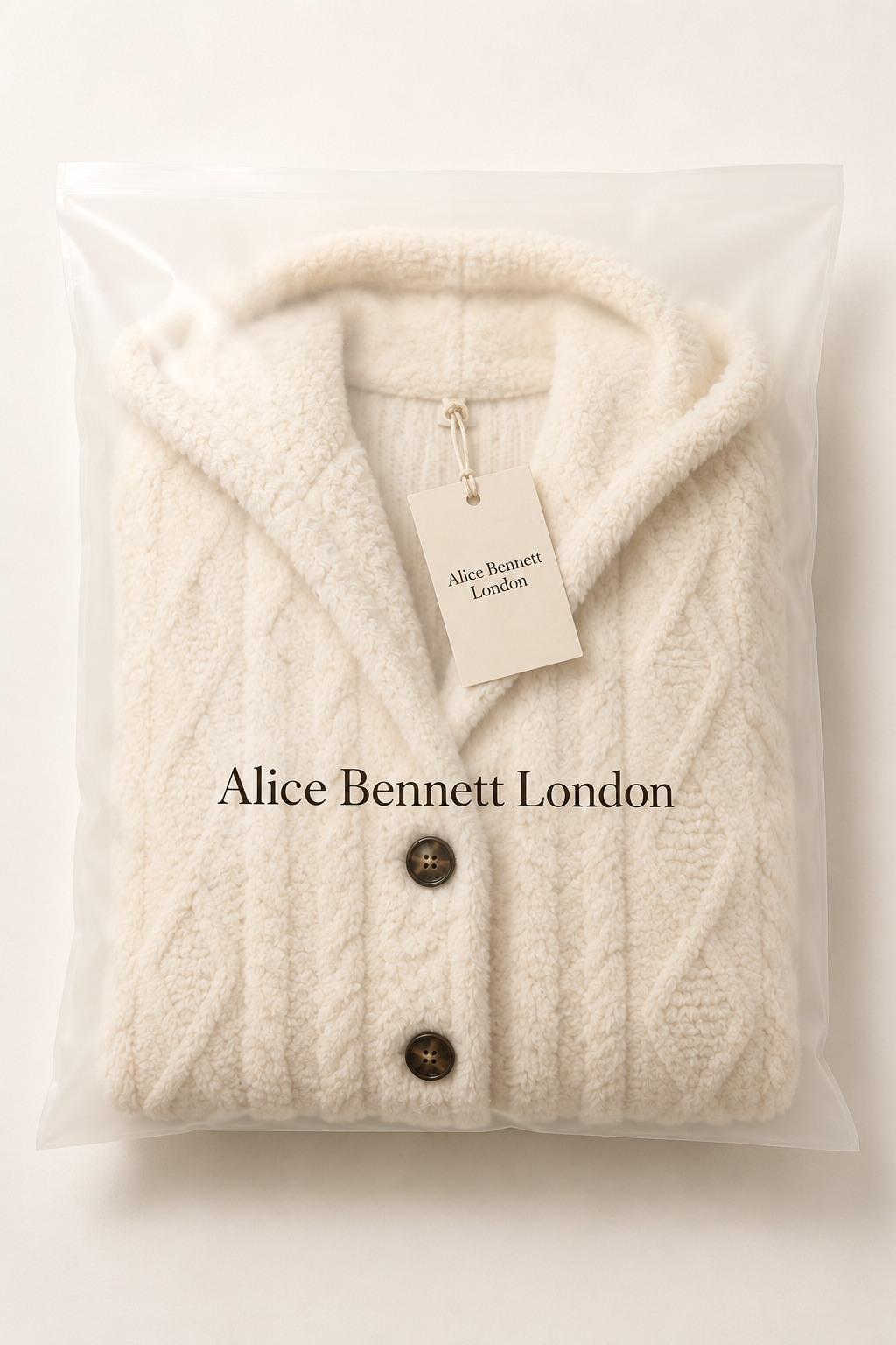 Wearbella cable-knit hooded longline coat folded in Alice Bennett London packaging