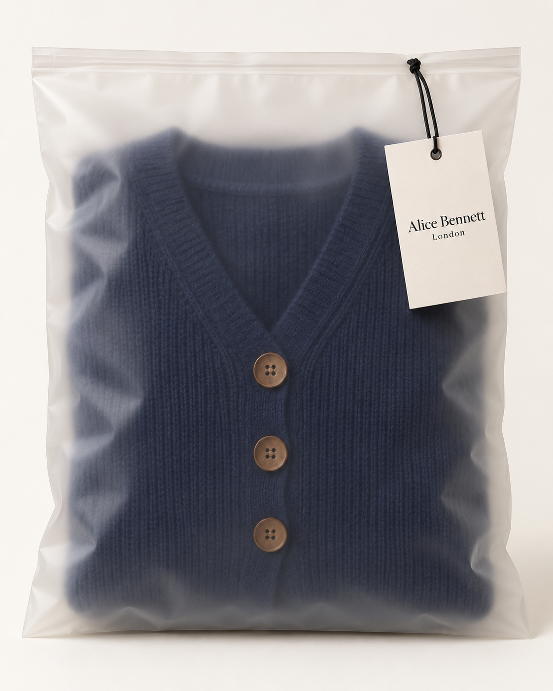 Wearbella navy ribbed V-neck cardigan in Alice Bennett London packaging with hangtag