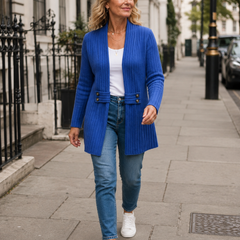 Woman wearing the Wearbella ribbed knit open-front cardigan on a London street