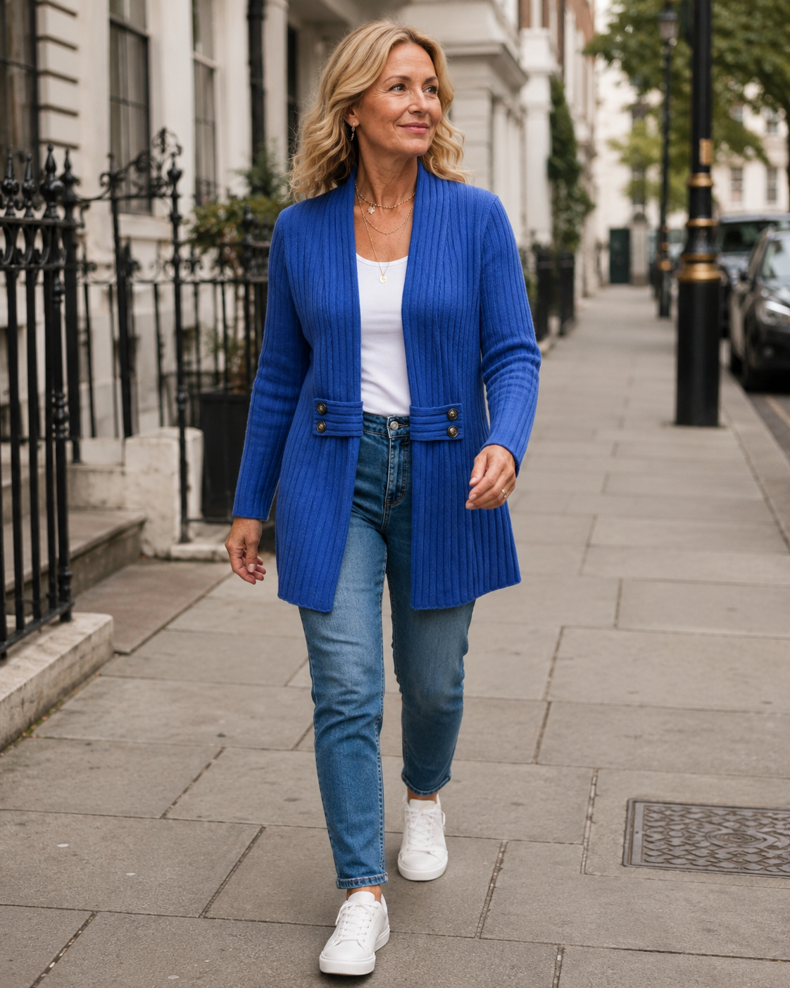 Woman wearing the Wearbella ribbed knit open-front cardigan on a London street