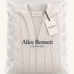 Wearbella hooded cable-knit cardigan inside an Alice Bennett London polybag