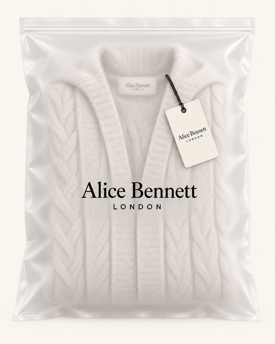 Wearbella hooded cable-knit cardigan inside an Alice Bennett London polybag