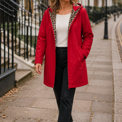 Wearbella red reversible leopard hooded coat worn by a woman in London