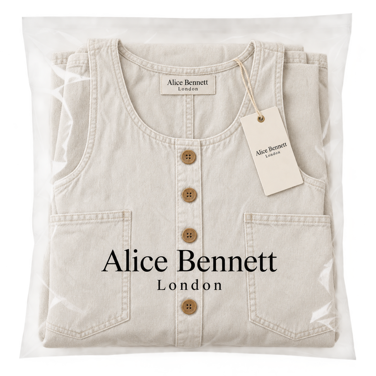 Willy ivory dungarees in Alice Bennett London packaging