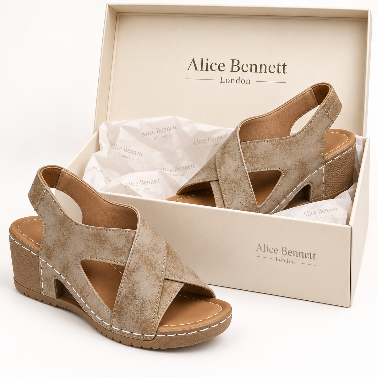Wolly wedge sandals with Alice Bennett London shoebox