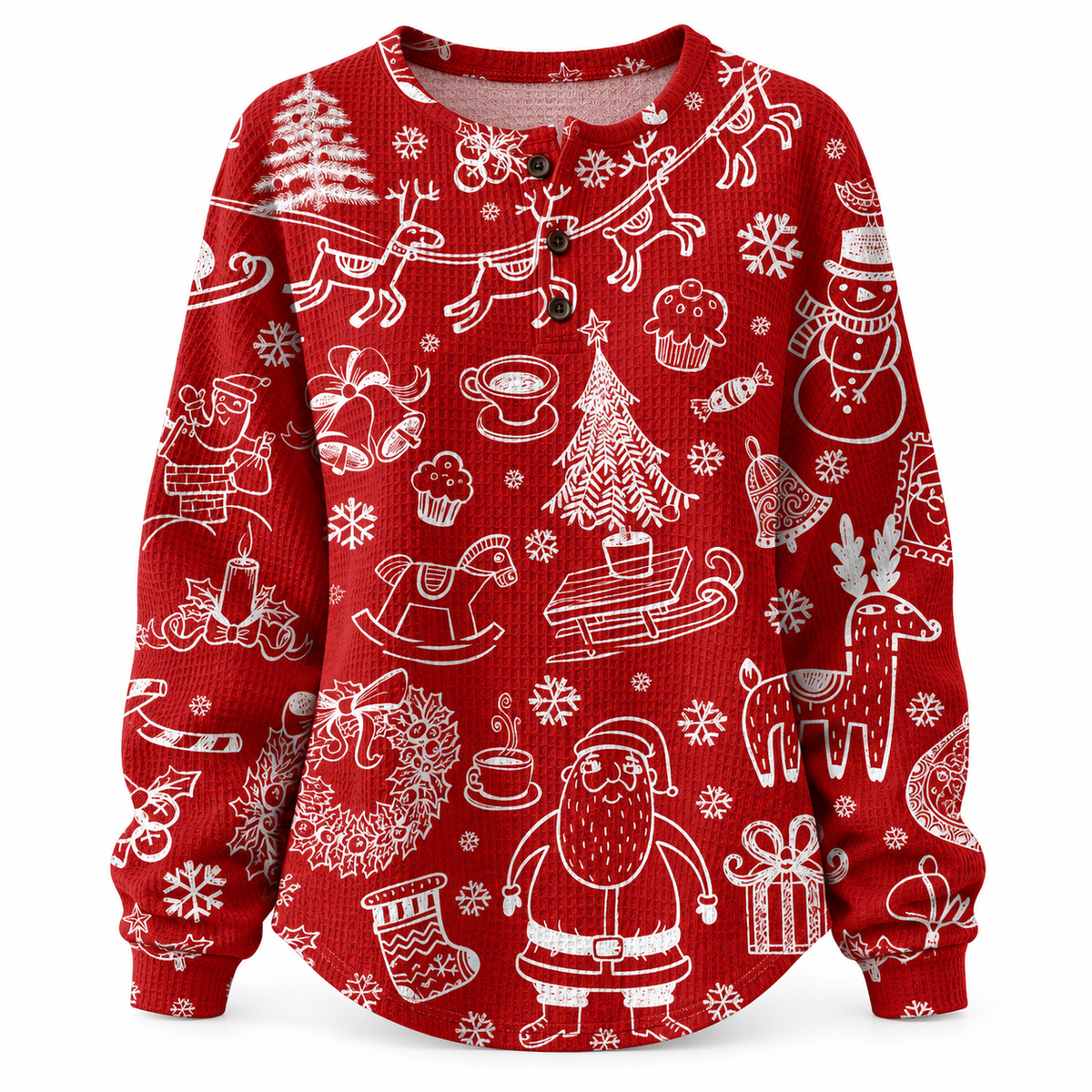 Women's red Christmas graphic pullover sweater on a clean white background