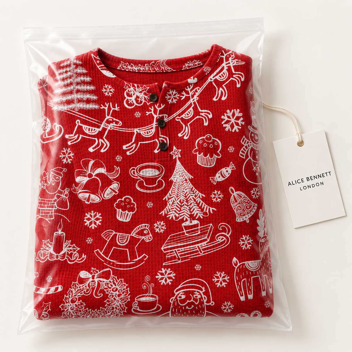 Red Christmas graphic pullover sweater in Alice Bennett London packaging