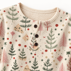 Close-up of the cream Christmas tree print waffle-knit pullover sweater