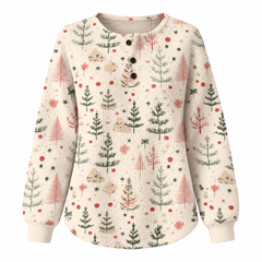 Cream Christmas tree print waffle-knit pullover sweater on a clean white background
