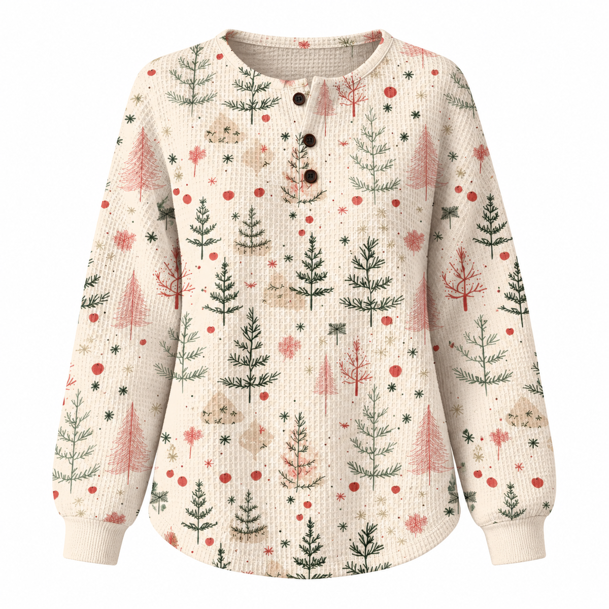 Cream Christmas tree print waffle-knit pullover sweater on a clean white background