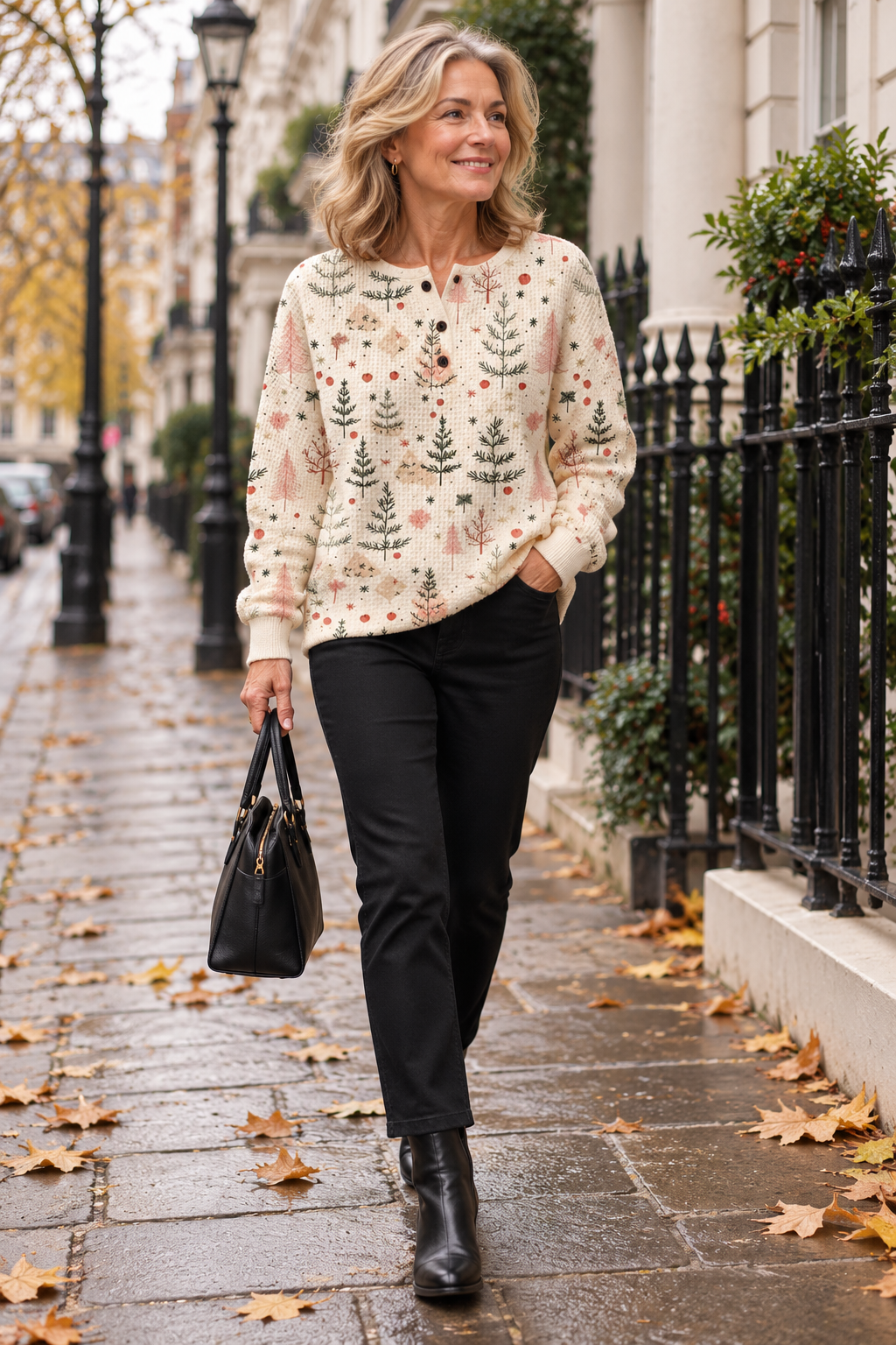 Woman wearing the cream Christmas tree print pullover sweater walking in London