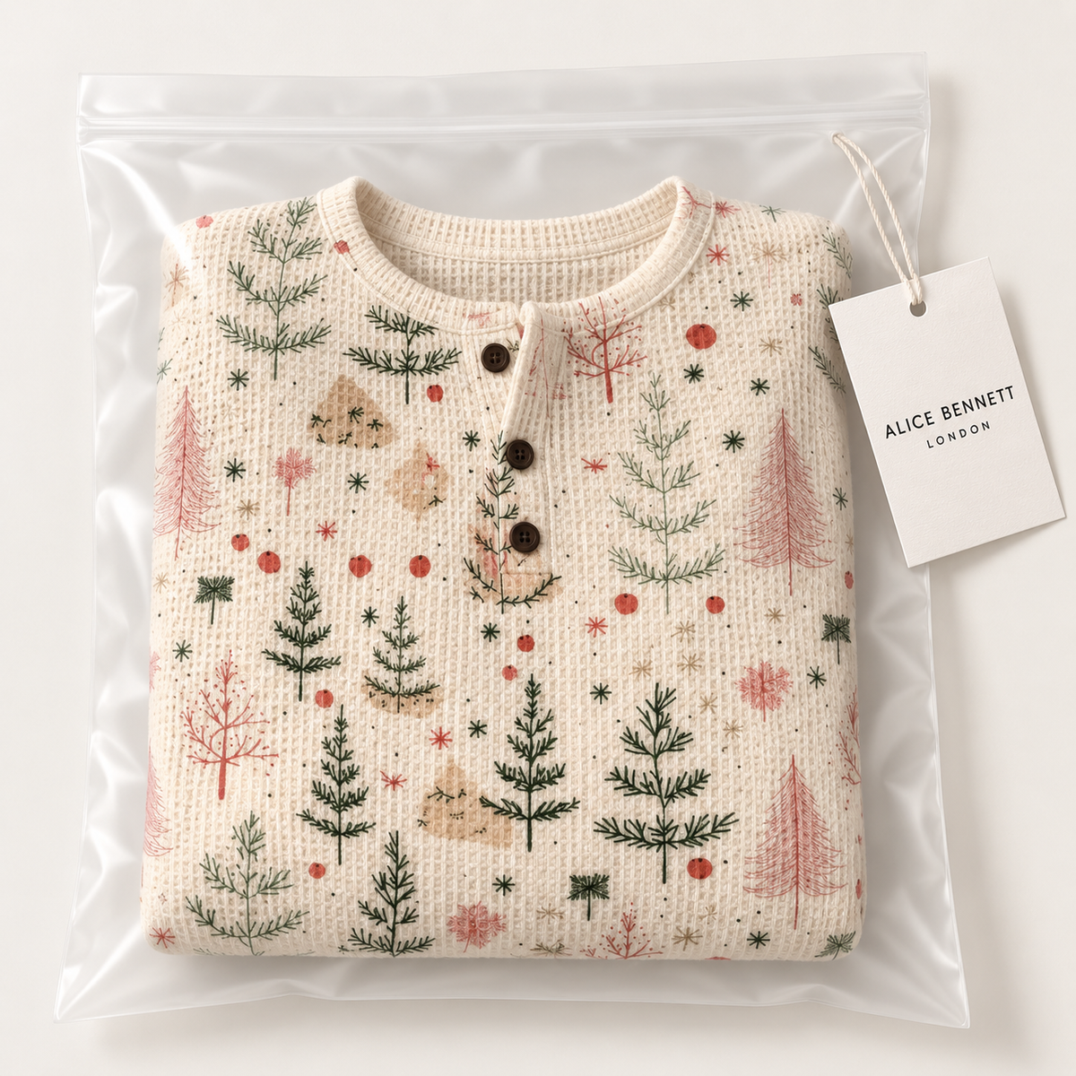 Cream Christmas tree print pullover sweater in Alice Bennett London packaging