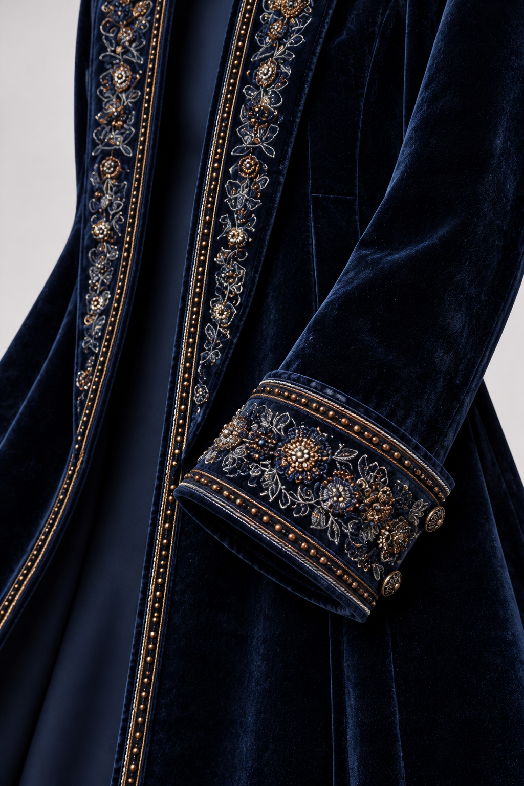 Close-up of the navy long vintage jacket embroidery and cuff detail