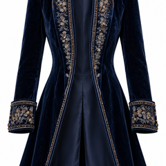 Navy long vintage jacket with ornate floral embroidery on a clean white background
