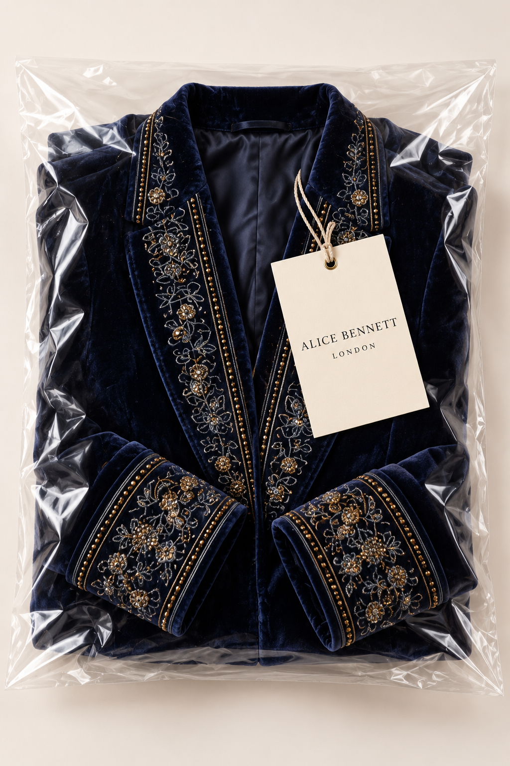 Navy long vintage jacket with ornate embroidery in Alice Bennett London packaging