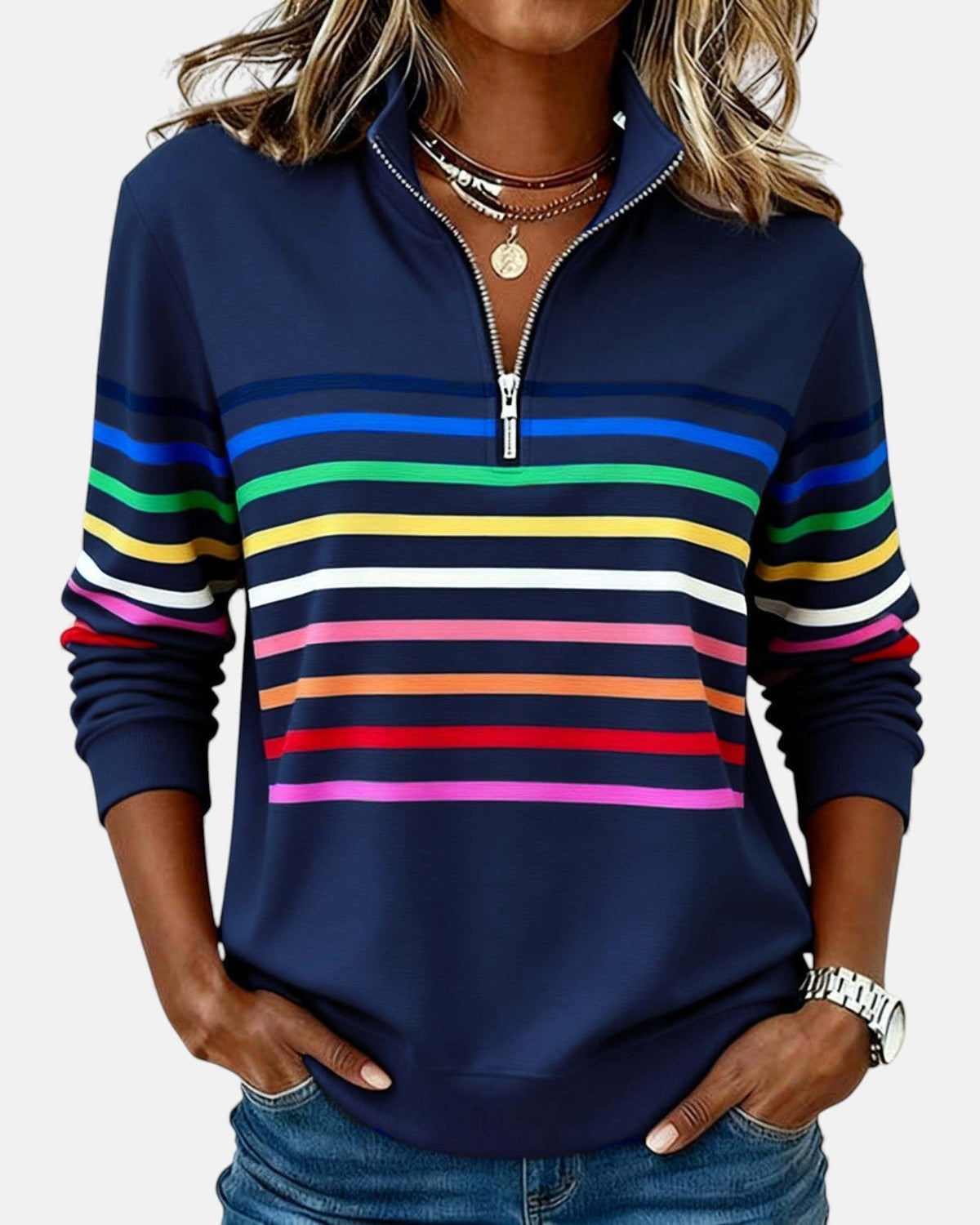 Corinelle™ | Soft-Touch Striped Half-Zip Sweatshirt