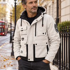 Xavier | Hooded Utility Jacket worn by a mature London model