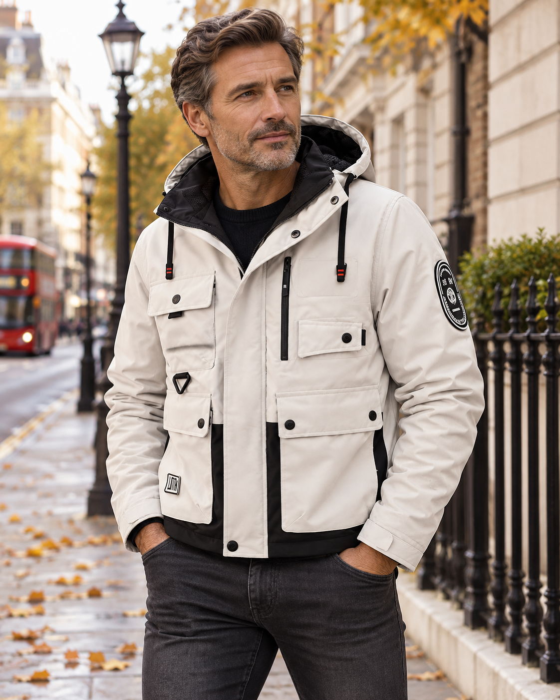 Xavier | Hooded Utility Jacket worn by a mature London model